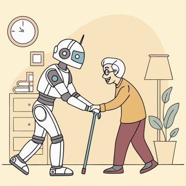 elderly woman and robot with robot