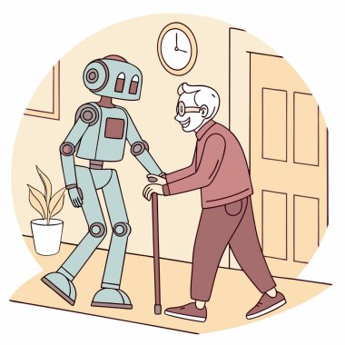 elderly couple with old people walking and playing with robot.