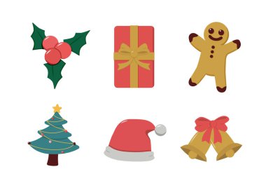 Noel temalı renkli ikonlar koleksiyonu, kutsal hediyeler, zencefilli adam, ağaç, Noel Baba şapkası ve çanlar, tatil tasarımları için mükemmel..