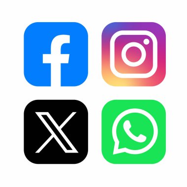 Aralarında Facebook, Instagram, X (eski Twitter) ve WhatsApp 'ın da bulunduğu bir dizi popüler sosyal medya uygulama logosu, parlak renkler ve temiz tasarımlar içeriyor..