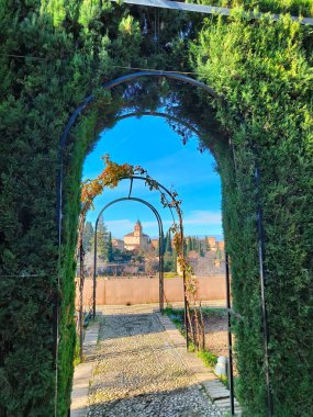 Generalife 'in bahçesindeki Alhambra sarayının manzarası 