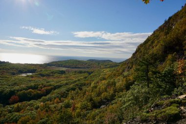 Acadia Ulusal Parkı 'ndaki sakin bir tepeden Maines' in sonbahar yapraklarının ve yuvarlanan tepelerinin geniş bir görüntüsü.