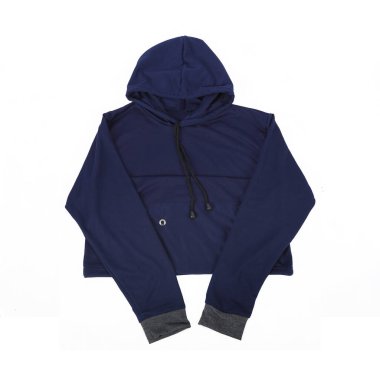 Donanma kapüşonlu ceketi beyaz arka planda izole edilmiş.