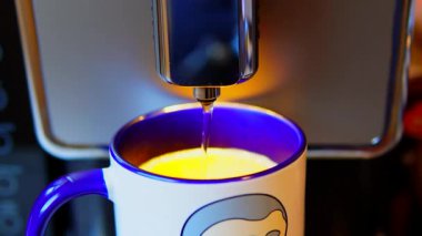 Video, kahve makinesinin mavi ve beyaz bir fincana kahve doldurduğunu gösteriyor. Kupanın üzerinde çizgi film karakteri var. Kahvenin rengi açık kahverengidir, yüzeyinde köpükler oluşur. Kahve makinesi paslanmaz çelikten yapılmıştır ve modern bir...