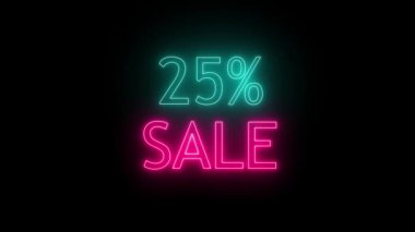 Yüzde 25 indirimli neon. Siyah arkaplanda 3d siyah metin.