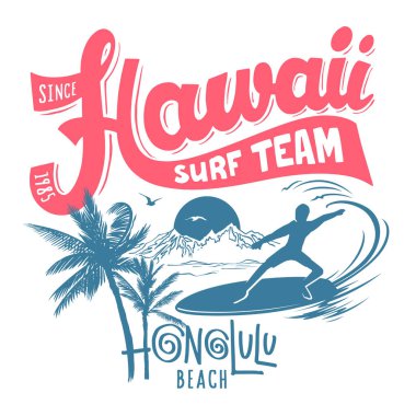 Hawaii tişört tasarımı, Honolulu plaj sörf baskısı..