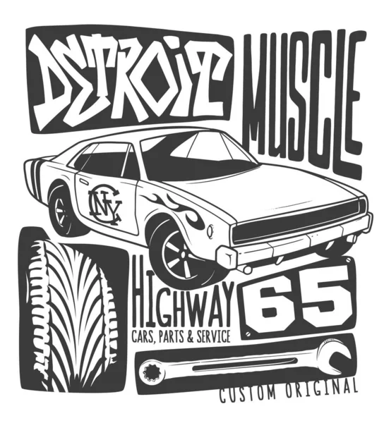 Detroit Classic American Muscle Car Reparación Tipografía Servicio Imprimir — Archivo Imágenes Vectoriales