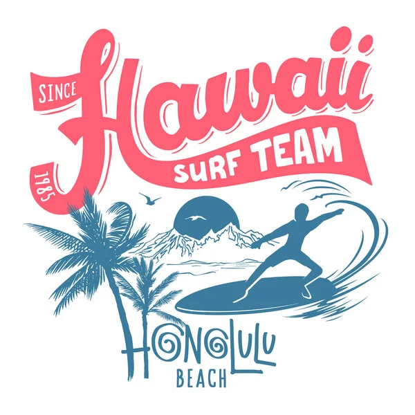 夏威夷T恤衫设计 檀香山海滩冲浪打印 — 图库矢量图片