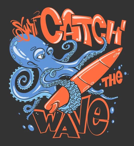 Octopus Com Prancha Surf Design Impressão Shirt — Vetor de Stock