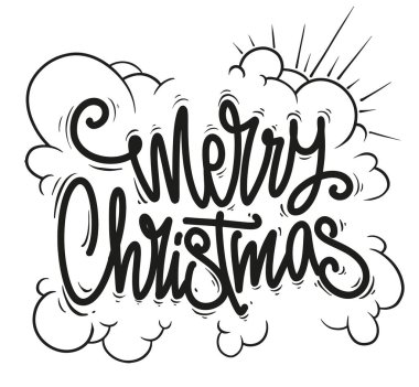 Merry Christmas lettering and coulds vector white background. clipart