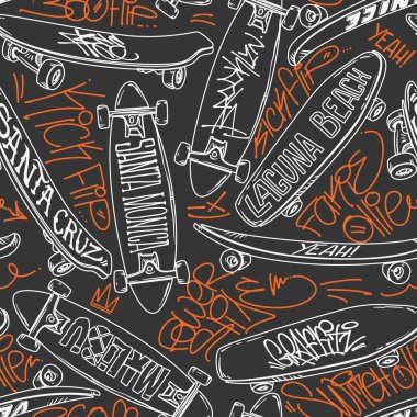 Şehir Biçiminde Kaykay ve Graffiti Harfleri Gösterilen Kusursuz Desen.