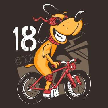 Bisiklet süren çizgi film köpeği, vektör tişört tasarımı.