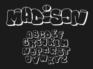 Elle çizilmiş sokak grafiti stili alfabe. Şişirilmiş harfler, siyah arkaplan üzerine graffiti alfabesi vektörü.