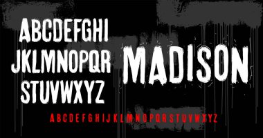 Çiğ fırça darbesi el yazısı grunge alfabesi, kaba kenarlı kirli desenli vektör yazı tipi ve sanatsal grunge etkisi