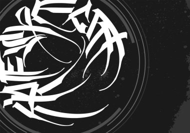 Radyal sıçrama aksanlı, dairesel grunge kompozisyonu içinde soyut el yazısı harfleri, baskı tasarımı.