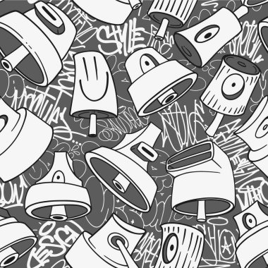 Duvar yazıları, sprey kutular ve el yazması etiketlerle kusursuz desen. Hip-hop tarzında harf elemanları olan sokak sanatı geçmişi