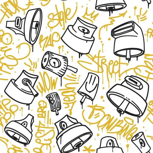 Grafiti başlıkları, sprey kutuları ve damlama efektleri olan el çizimleri içeren kusursuz desenler. Hip-hop stili harf elementleri olan sokak sanatı geçmişi