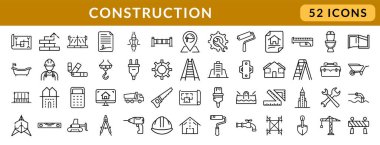 İnşaat ince çizgi simgeleri yapı araçları, ekipmanlar ve yapılar içerir. İnşa, inşaat, aletler, ev onarımı, inşa, vinç simgesi. 