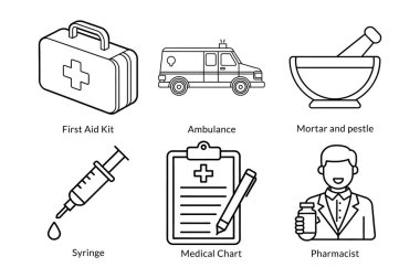 Sağlık ve Tıbbi Simge Paketi: Ambulans, Doktor, Hemşire, Hastane, Cerrah, Şırınga,