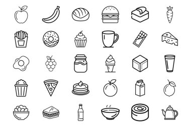 Çizgi Sanat Simgeleri Sağlıklı Yeme ve Menü Oluşturma İçin Yiyecek, İçki, Tatlı ve Atıştırmalıkları Temsil Ediyor
