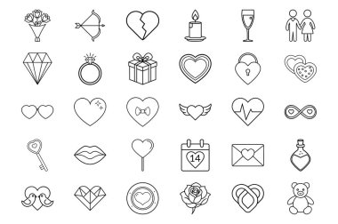 Çekici Sevgililer Günü Taslak Simgeleri Kalpli, Hediyeli, Çiftler, Güller ve Düğün Sembolleri
