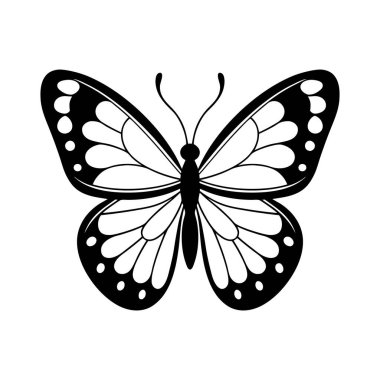 Karmaşık Kanat desenleri ve Dekoratif Tasarımı olan Simetrik Siyah ve Beyaz Kelebek