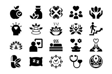 Siyah ve Beyaz Simge Seti Minimalist Biçimli Sağlık, Sağlık ve Kişisel Bakım Temaları