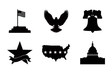 Anma Günü Vatanseverlik Sembolleri. Bayrak, Kel Kartal, Özgürlük Çanı, Yıldız Madalyası, Ulusal Harita ve Kongre Binası