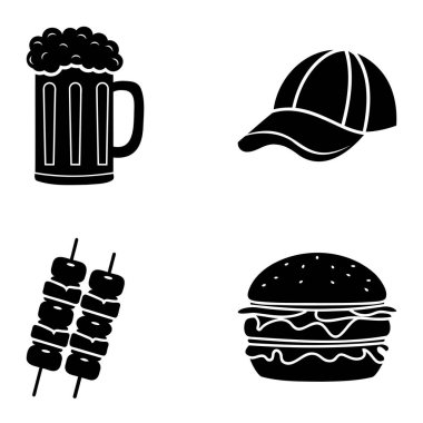 Babamın En Sevdiği Şeyler Bira Fincanı, Beyzbol Şapkası, Şiş ve Hamburger Simgeleri Minimalist Tasarım