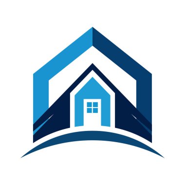 Pencereli parlak mavi ev logosu, eğimli taban, vektör tasarımı, emlak simgesi, modern tarz, ev sembolü, minimalist grafik