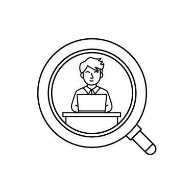 Bilgisayarda çevrimiçi öğrenim için öğrenci odak ikonu, vektör illüstrasyon büyüteç