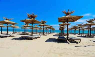 Güneşli yaz gününde kumsalda güneşli plaj sandalyeleri