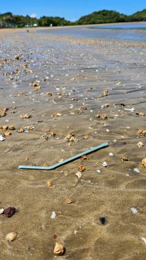 Sahil sakin deniz, mavi gökyüzü ve alçak gelgit. Kuru kuma ve ODOYA kelimesine saçılmış kabuklar, orixa Iemanja 'ya atıfta bulunarak elle yazılmış..
