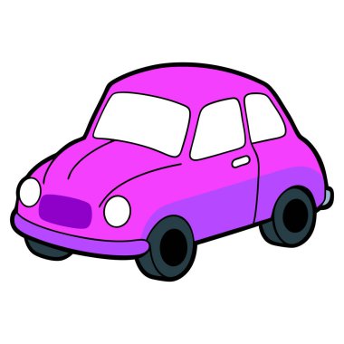 Mor aksanlı pembe bir arabayı tasvir eden renkli karikatür çizimleri oyuncu tasarımlar için idealdir..
