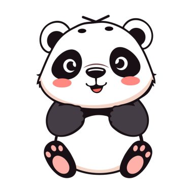 Komik bir ifadeyle sevimli bir pandanın canlandırılması, yanakları kızarırken mutlu bir şekilde oturması, çocuk dostu tasarımlar, eğitim materyalleri veya sanatsal projeler için mükemmel..