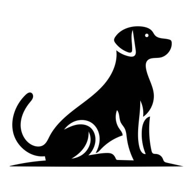 Minimalist tarzda oturan bir köpeğin silueti. Basit ve temiz siyah tasarım tipografi sanatı.