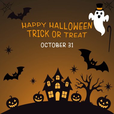 Perili bir ev, yarasalar, balkabakları, bir hayalet ve neşeli bir metin içeren ürkütücü bir Cadılar Bayramı sahnesi. Cadılar Bayramı davetiyeleri, kutlama dekorasyonları ya da temalı grafik tasarımlar için mükemmel.