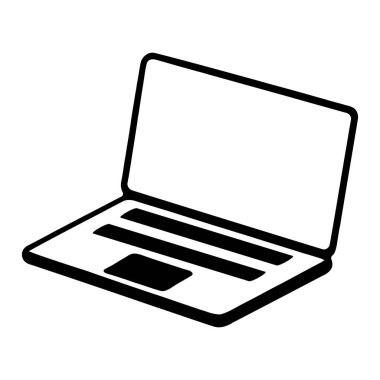 Pırıl pırıl bir siyah beyaz vektör ikonu. Genel bir dizüstü bilgisayar tasvir ediyor. Teknolojiyle ilgili grafikler, sunumlar, grafikler veya uygulama tasarımı için mükemmel. Modern bilgisayar ve dijital iletişimi temsil eder.