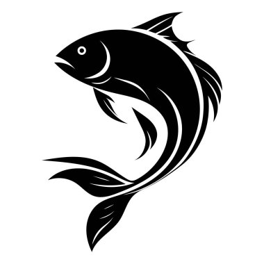 Şekillendirilmiş kıvrımlarla dizayn edilmiş bir siyah balık silueti tasviri, minimalist bir sanat tarzıyla tasvir edilmiş şeklini ve zarafetini vurguluyor..