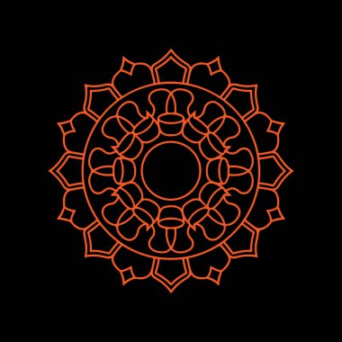 Siyah arkaplanda, çiçekli ve soyut elementlerle dairesel geometri içeren karmaşık bir turuncu mandala tasarımı. Bu desen, tasarım ve dekorasyon amaçlarına uygun maneviyat ve sanatsal yaratıcılığı iletir..