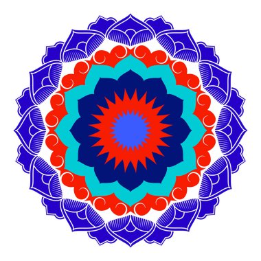Görsel olarak çarpıcı bir mandala tasarımı, geleneksel ve modern sanatsal stillerin güzel bir karışımını sergileyen, canlı renkler dizisinde karmaşık ve simetrik geometrik desenler içeriyor..