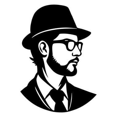 Şapka, gözlük ve resmi takım giyen klasik bir beyefendinin silüet tasarımı. Zamansız stil, incelik ve inceliğin mükemmel bir temsili, vurgulu kişilik ve klasiklerden esinlenilmiş zarafet.