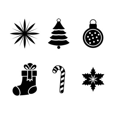 Beyaz arkaplanda altı tane minimalist siyah Noel simgesi.