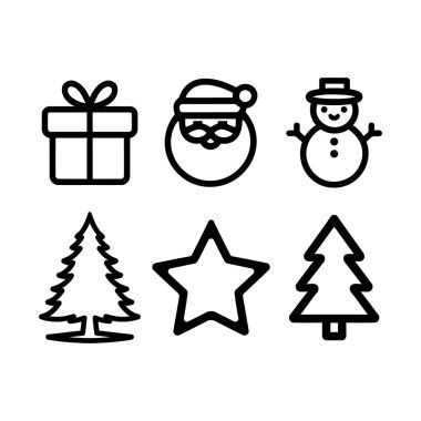 This set of six black line art icons depicts classic Christmas symbols: a gift, Santa Claus, snowman, Christmas tree, and star. clipart