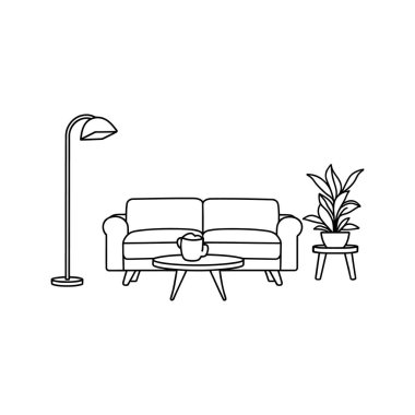 Minimalist bir çizgi, yerde lamba, kanepe, kahve masası ve bitki örtüsüyle rahat bir oturma odası düzenini tasvir eder..