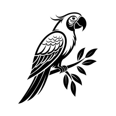Yapraklı bir dalın üzerine tünemiş bir papağanın zarif silueti, temiz siyah ve beyaz bir tasarım sunar..