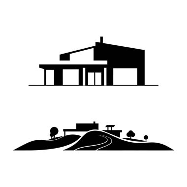 Tepede modern bir ev tasarımı tasvir eden iki siyah beyaz siluet..