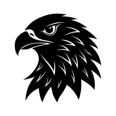 Siyah beyaz bir kartalın kafasının minimalist çizimi, sanatsal ve logo kullanımı için cesur ve keskin tasarım elementleri sergiliyor.