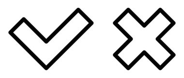 Bir işaretin vektör simgeleri ve çapraz işaret, geri bildirim ve doğrulama temaları için mükemmel, temiz siyah ve beyaz bir tasarım. Düzenlenebilir vuruş.