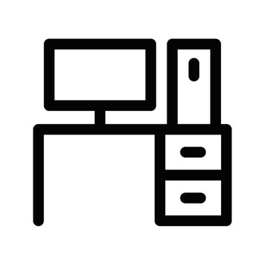 Masaüstü bilgisayarının beyaz arkaplan üzerinde bir monitör ve çekmeceli basit bir siyah taslağının vektör çizimi. Düzenlenebilir vuruş